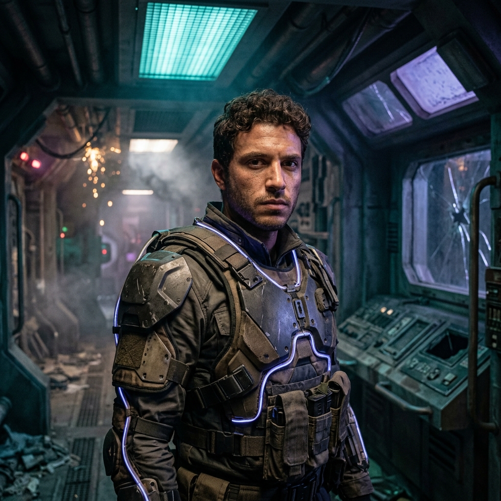 Futuristic sci-fi male NSFW AI art in tactical armor